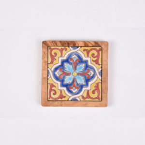 Olive Wood Handpainted Ceramic Coaster- Cancun Blue